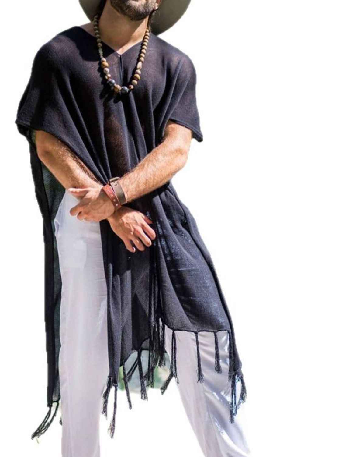 Men's Full Size Fringe V-Neck Half Sleeve Cover Up Plus Size - Damned Threads